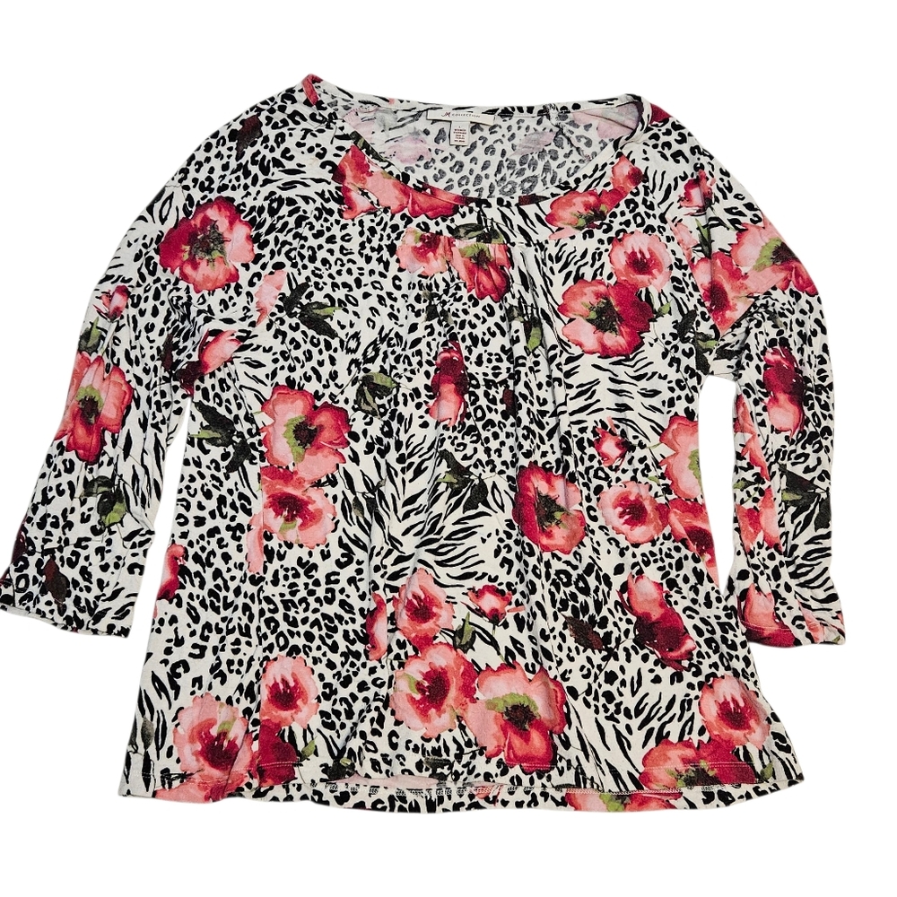 JM Collection Floral Animal Print 3/4 Sleeve Rayon Top